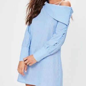 Blue striped one shoulder unbutton shirt dress